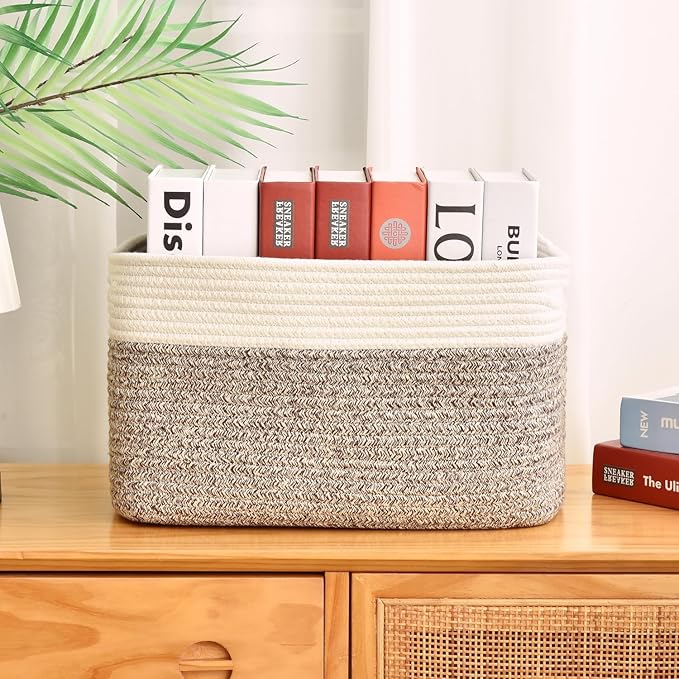 Storage Basket,Woven Baskets for Storage,Cotton Rope Baskets for Organizing,book Basket,towel,Toy Basket or Storage Bins for Living Room - 3 Pack,Brown