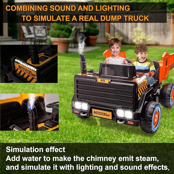 24V Ride On Dump Truck, 24inch-2 Seater Ride On Car for Kids w/Remote Control 4WD/2WD Up to 5 Mph, 24v Ride on Toys for Big Kids w/Electric Dump Bed Extra Shovel Traffic Cones (Orange)