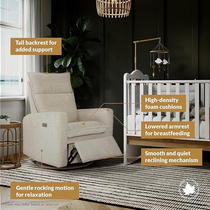 Arya Modern Nursery Chair Glider Recliner with 180° Swivel - Cozy Motorized Reclining Nursing Chair with USB Ports, Gentle Motion, Ergonomic Design, Canadian-Made (Pearl/Puppy Fabric)