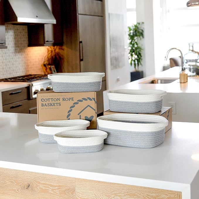 NaturalCozy 5-Piece Rectangle Storage Basket Set- Natural Cotton Rope Woven Baskets for Organizing! Small Basket for Montessori, Baby Nursery, Dog Toy Baskets, Cat Toy Box, Bathroom Organization Bin