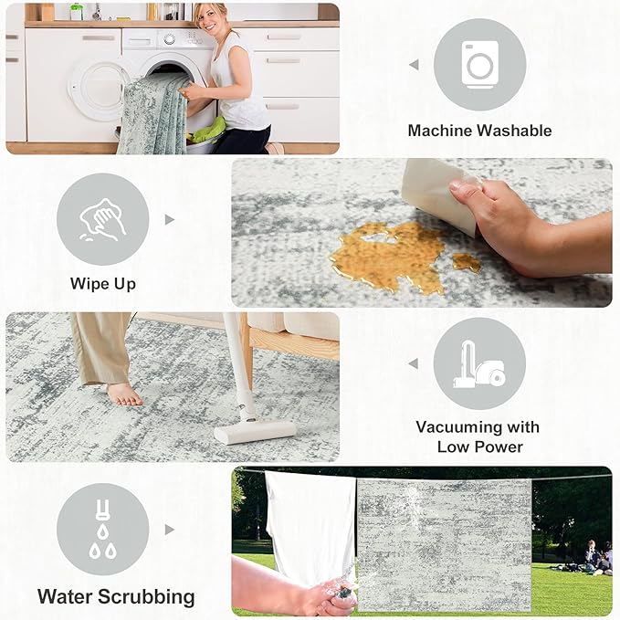 8x10 Area Rugs for Living Room - Washable Rug Modern Abstract Soft Large Neutral Non-Slip Carpet Indoor Floor Stain Resistant Thin Carpets for Bedroom Dining Room Farmhouse Nursery Home Office Grey