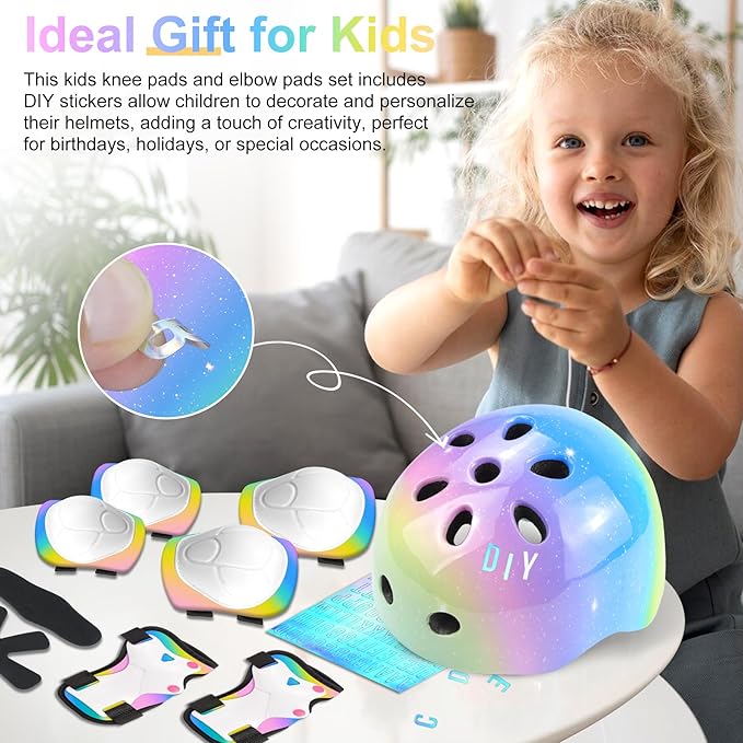 Vvinca Kids Toddlers Bike Helmet Adjustable for Ages 3-5-8 Years, Knee Pads and Elbow Pads Set Wrist Guard Sports Protective Gear Set for Roller Skate Bicycle Skateboard Scooter Girl Boy Birthday Gift