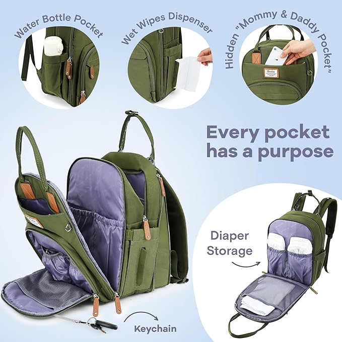 RUVALINO Diaper Bag Backpack-Expandable Baby Bag with up to 50% Capacity -Baby Essentials Bag with Changing Pad Insulated Bottle Holders & Pacifier Case, Waterproof, Army Green XL