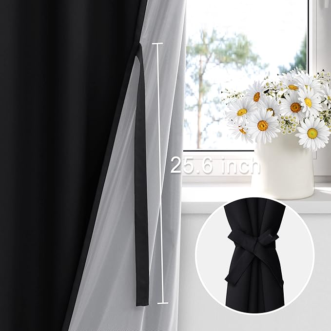 XWZO 100% Blackout Window Curtains - Rod Pocket Thermal Insulated & Completely Room Darkening Black Liner Window Treatment with Tiebacks for Bedroom/Living Room, Black, W60 x L63, Set of 2 Panels