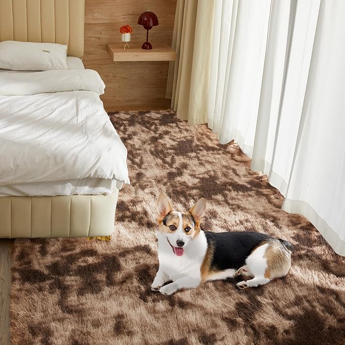 Ultra Soft Rug for Living Room, 8X10 Tie-Dyed Coffee Fluffy Shag Area Rug for Bedroom, Modern Shaggy Carpets Fuzzy Rug for Teens Dorm Nursery Home Decor Aesthetic, Upgrade Anti-Skid Durable