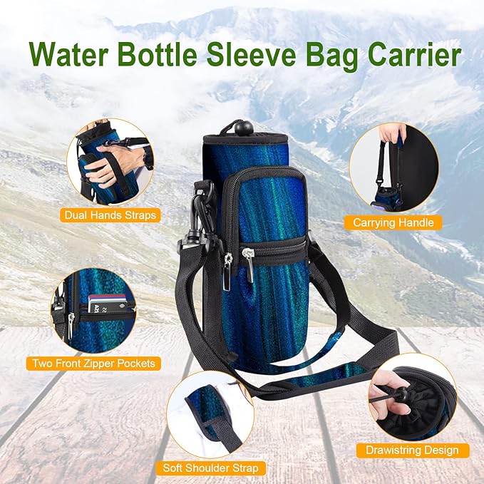 25/32/40/64oz Water Bottle Bag Holder Carrier-Insulated Crossbody Sling Case Sleeve with Strap & Pockets for Men Women Gym Cycling Travel Walking Hiking Camping