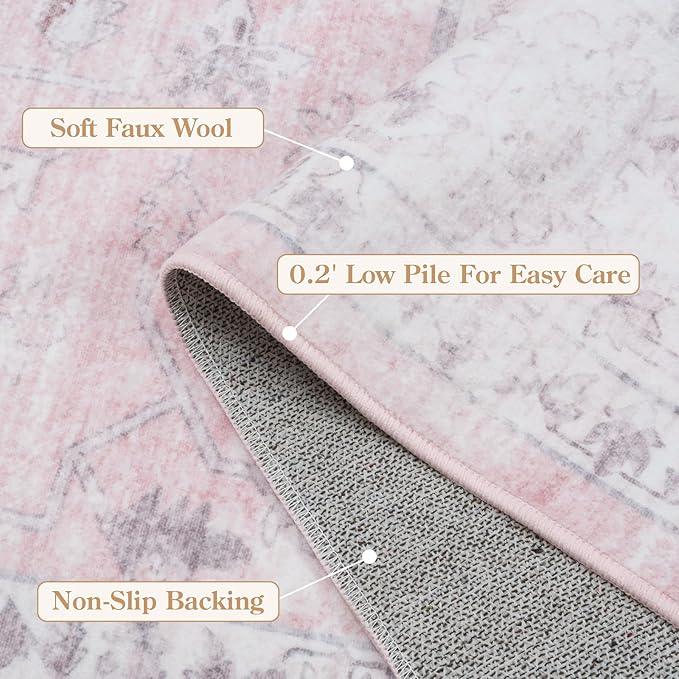 LIVEBOX Pink 5x7 Area Rug for Bedroom Girls, Boho Washable Rugs for Living Room Nursery, Non-Slip Indoor Soft Carpet Low-Pile Farmhouse Carpets for Dining Room Kids Playroom, Pink