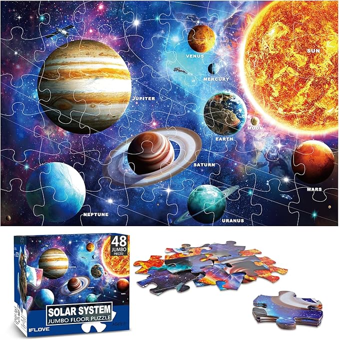 Jumbo Floor Puzzle for Kids Ages 4-8,Solar System Jigsaw Puzzles,48 Piece Space Large Puzzles for Toddler Ages 3-5,Preschool Learning Planets Toys Christmas Birthday Gift for Boys Girls