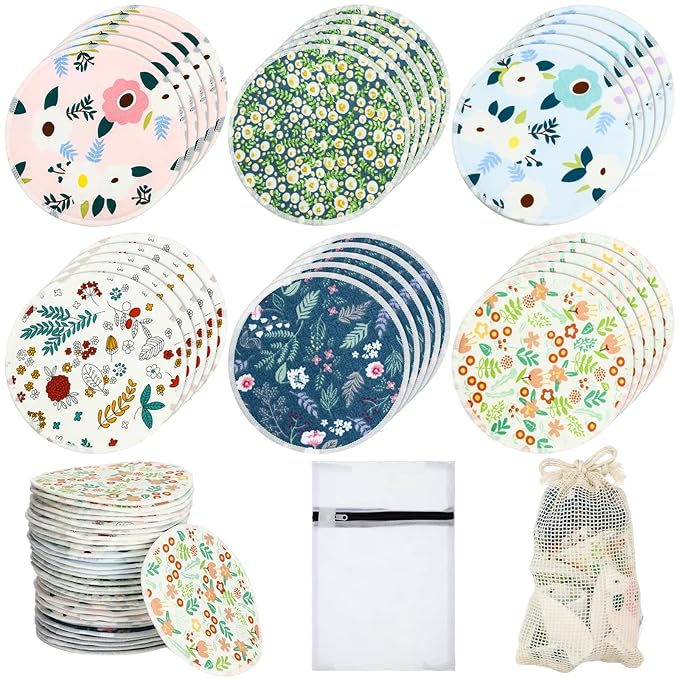 Sosation 30 Pcs Reusable Breast Pads Bamboo Nursing Pads with Wet and Laundry Bag Floral Nipple Favor Breastfeeding Mom Gift(Fresh Pattern)