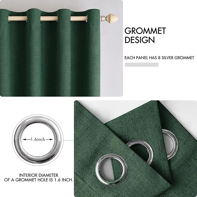 MIULEE 100% Blackout Linen Curtains for Bedroom Thermal Insulated Emerald Green Grommet Room Darkening Curtains & Drapes Christmas Decor for Living Room Nursery 52 x 96 Inch (2 Panels)