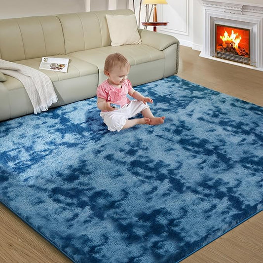 Ultra Soft Rug for Living Room, 8X10 Fluffy Shag Area Rug for Bedroom, Modern Shaggy Carpet Fuzzy Rug for Teens Dorm Nursery Home Decor Aesthetic, Upgrade Anti-Skid Durable, Tie-Dyed Blue Grey