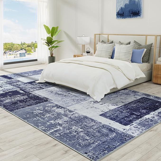 LOCHAS Rug for Living Room, Washable Soft Area Rugs for Bedroom 6x9, Abstract Carpet for Indoor Office Kids Dining Room Nursery Floor, Blue Geometric Vintage Home Decor, Non Slip, Pet Child Friendly