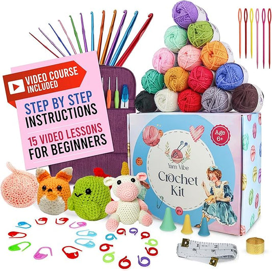 Yarnvibe Easy Crochet Kit for Beginners Adults 80 pcs with Video Course, Includes 15 Yarns, 21 Crochet Hooks & More, Learn to Crochet Gifts for Crochet Lovers, Beginner Crochet Kit for Kids & Adult