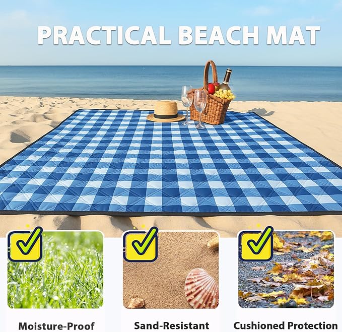 TigeJoy Extra Large Picnic Blanket Waterproof Foldable 80''x118'', Outdoor Picnic Mat Beach Blanket Sandproof for Park, Grass, Travel, Hiking, Camping Essentials, Gingham Picnic Blanket