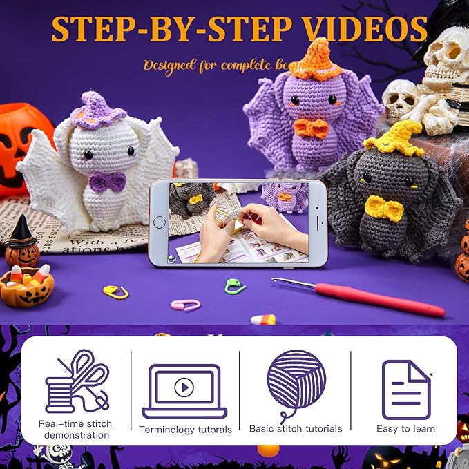 MAGIMUSE Crochet Kit for Beginners, Crochet Starter Kits Halloween Amigurumi Knitting Crochet Animals Kits Hooks Yarn Set with Step-by-Step Video Tutorials, 3 Colorful Bats (40%+ Yarn)…
