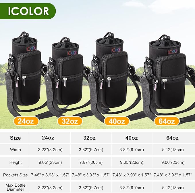 icolor Water Bottle Carrier Bag with Strap 25/32/40 oz Crossbody Bottle Holder with Phone Pocket Sling Sleeve Insulated Neoprene Water Bottle Pouch for Walking Travelling
