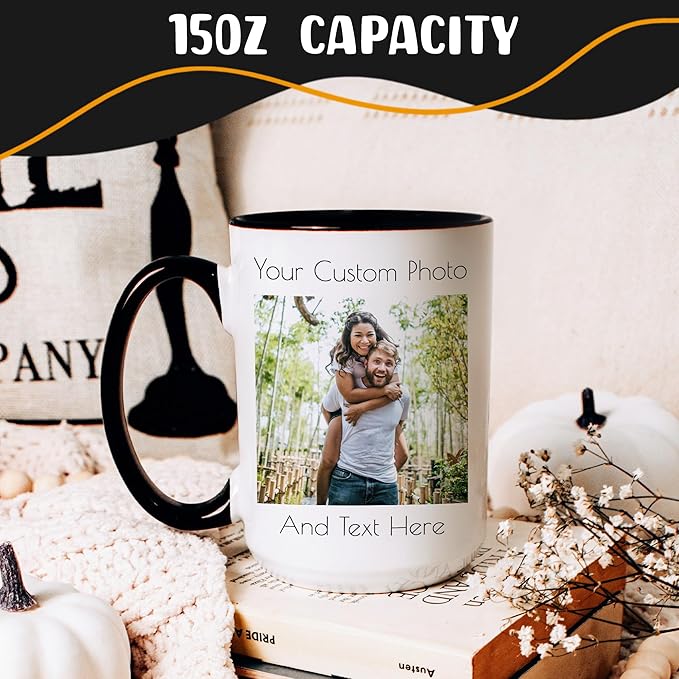 Personalized Coffee Mug 15 Oz, Custom Picture Text or Logo Ceramic Mug, Customized Gift for Men & Women, Taza Personalizada with Photo and Words, Customizable Large Tea Cup | White - Black