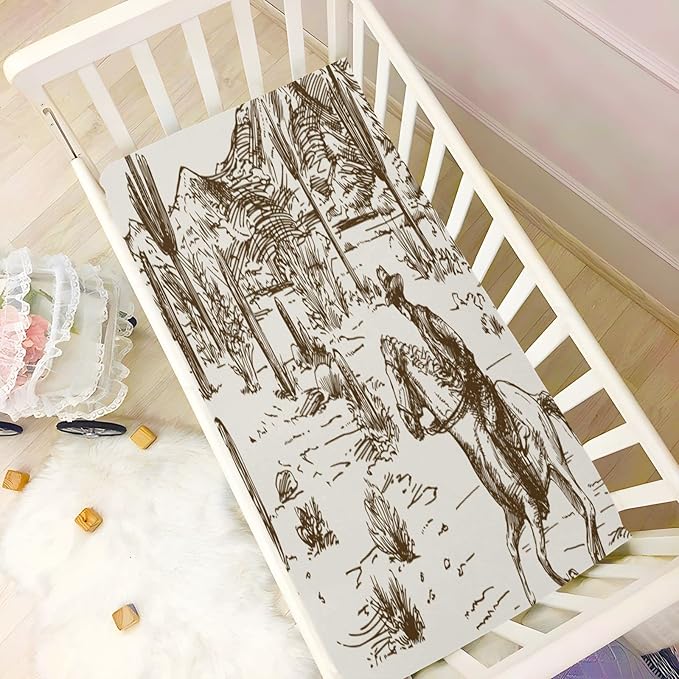 Western Desert Cowboy Crib Sheets for Boys and Girls, Fitted Baby Crib Sheets Soft and Breathable Mini Crib Sheets 39 X 27 X 5 Inches