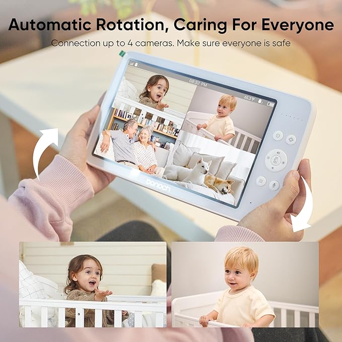 bonoch MegaView Baby Monitor, 10" Video Monitor with 2 Cameras, 10000mAh Battery, Quad Split Screen Baby Monitor with Camera and Audio, VOX Mode, Auto Night Vision, Remote PTZ, Hack Proof