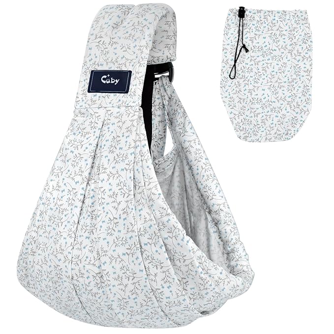 CUBY Wrap Baby Sling Carrier, Baby Wraps Sling Carrier Adjustable Breathable Lightweight Easy to Wearing - Baby Slings for Newborn Infant Toddler Front & Hip Carry Up to 40lbs (Blue Flower)