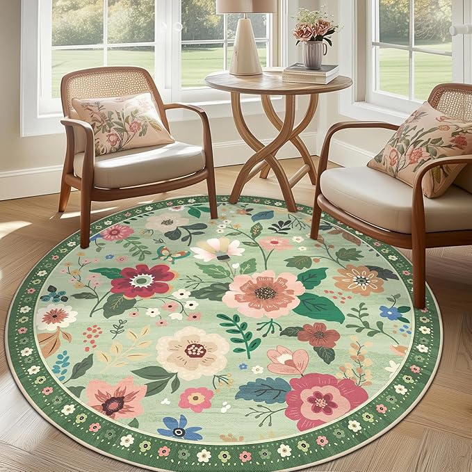 Floral 8ft Area Rug Machine Washable Soft Print Boho Carpet Non Slip Doormat Low Pile Flower Area Rugs for Living Room Bedroom Nursery Kitchen Dining Room Indoor-Light Green