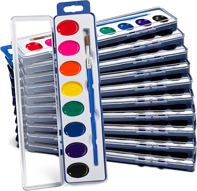 Bedwina Watercolor Paint Set- Bulk Of 24 Sets - 8 Water Color Washable Paints, Palette Tray and Painting Brush, for Art Schools and Paint Party Supplies