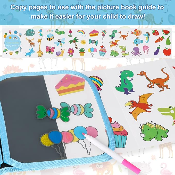 Erasable Doodle Set for Kids - Reusable Magic Drawing Book with 12 Watercolor Pens 14 Page Drawing, Road Trip Car Game Writing Painting Set for Boys and Girls (Zoo)