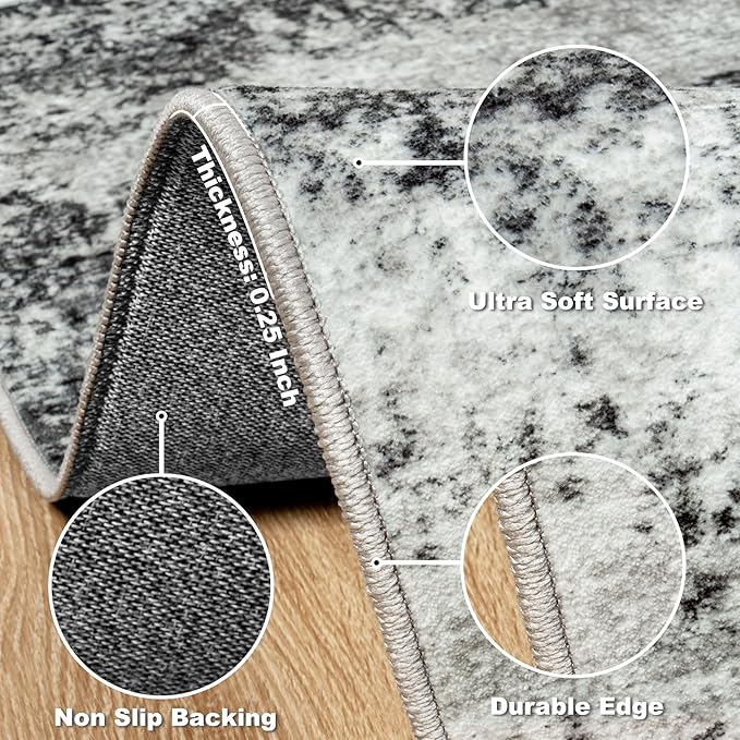 Area Rug Living Room Rugs: 5x7 Abstract Washable Rugs Ultra Soft Carpets with Non-Slip Backing Stain Resistant Carpet for Dining Room Table Bedroom Nursery Indoor Home Office Dark Black/Gray