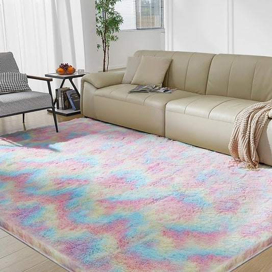 Ultra Soft Rug for Living Room, 3X5 Fluffy Shag Area Rug for Bedroom, Modern Shaggy Carpets Fuzzy Rug for Teens Dorm Nursery Home Decor Aesthetic, Upgrade Anti-Skid Durable, Rainbow