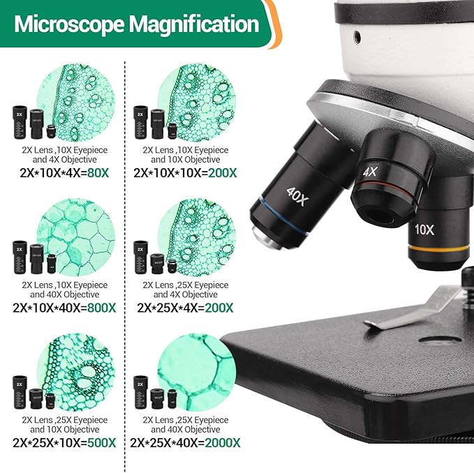 BNISE Microscope kit for Kids Adults Students, 40X-2000X Magnification, Prepared Slides Kit, Dual LED Illumination, All Glass Optics, and Cordless Capability for Children Beginner