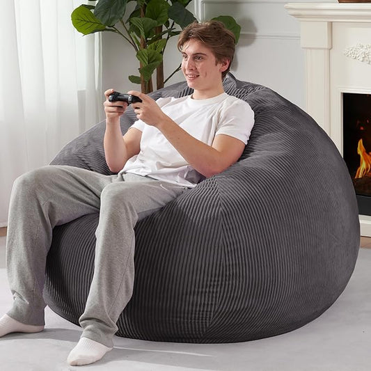 Homguava 3.5FT Bean Bag Chair: Teardrop Bean Bags with Memory Foam Filled, Compact Beanbag Chairs Soft Sofa with Corduroy Cover (Grey)