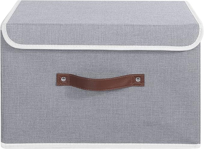 ANMINY Storage Bin with Lid Storage Boxes with PU Leather Handles PP Plastic Board Decorative Foldable Lidded Cotton Linen Fabric Home Cubes Baskets Closet Organizer Container - Gray, Large Size