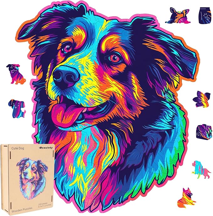 Australian Shepherd Dogs Wooden Puzzle Stained Colorful (9.7 * 11.2in-200pcs) Art Painting Wooden Puzzle for Kids Adults, Birthday Mother's Father's Day Christmas for Dad Mom Son Daughter