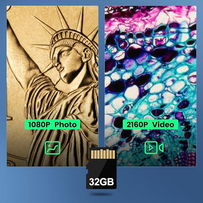 JL246PS 3 Lens 7'' HDMI Digital Microscope 4000X, Biological Microscope for Adults Kids with Prepared Slides, UHD 2160P Video, Full Coin Microscope for Error Coins, Windows Compatible, 32GB