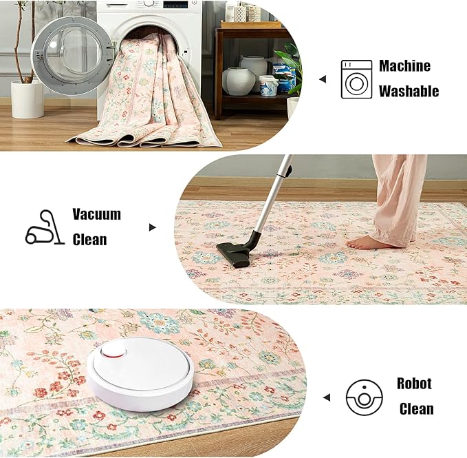 LOCHAS Washable Area Rugs 5x7, Pink Floral Rug for Living Room Bedroom Non Slip, Ultra Soft Vintage Indoor Carpet for Kids, Nursery, Dorm, Dining Room, Classroom, Boho Flower Home Decor, Low-Pile