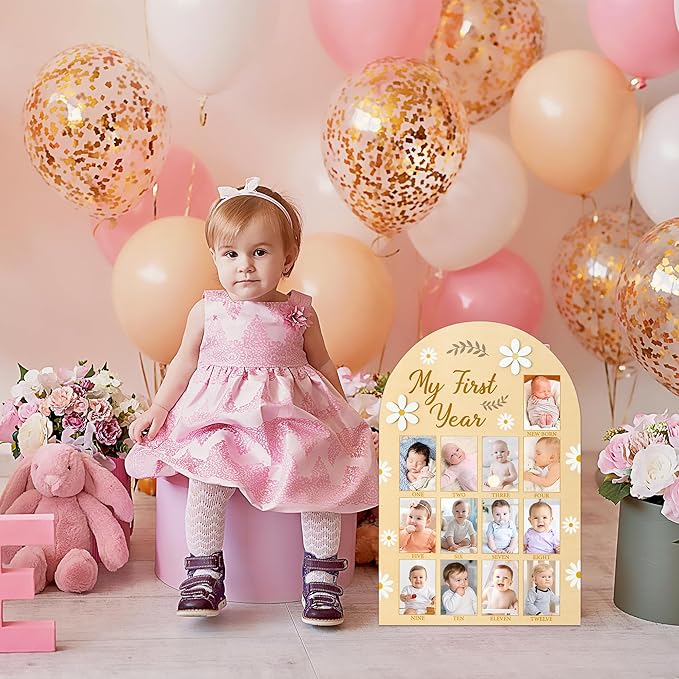 R HORSE My First Year Photo Display Wood Board, 3D Daisy Baby's First Year Picture Frame 12 Months Milestone Board Neutral Baby Keepsake Birthday Nursery Decor Gift for Boy Girl