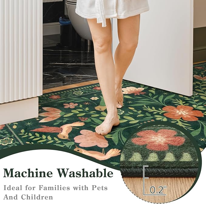 Moynesa Boho Bird Washable Rug, 3x5 Ultra-Thin Dark Green Kitchen Rugs Non-Slip, Stain Resistant, Low Pile, Indoor Small Living Room Throw Carpet for Entryway Bathroom Office Bedroom
