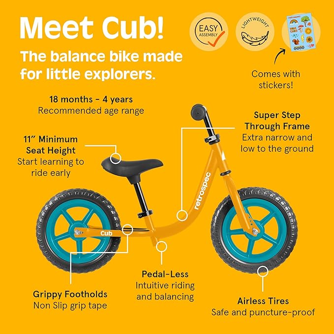 Retrospec Cub Toddler 12" Balance Bike, 18 Months - 3 Years Old, No Pedal Beginner Kids Bicycle for Girls & Boys, Flat-Free Tires, Adjustable Seat, & Durable Frame