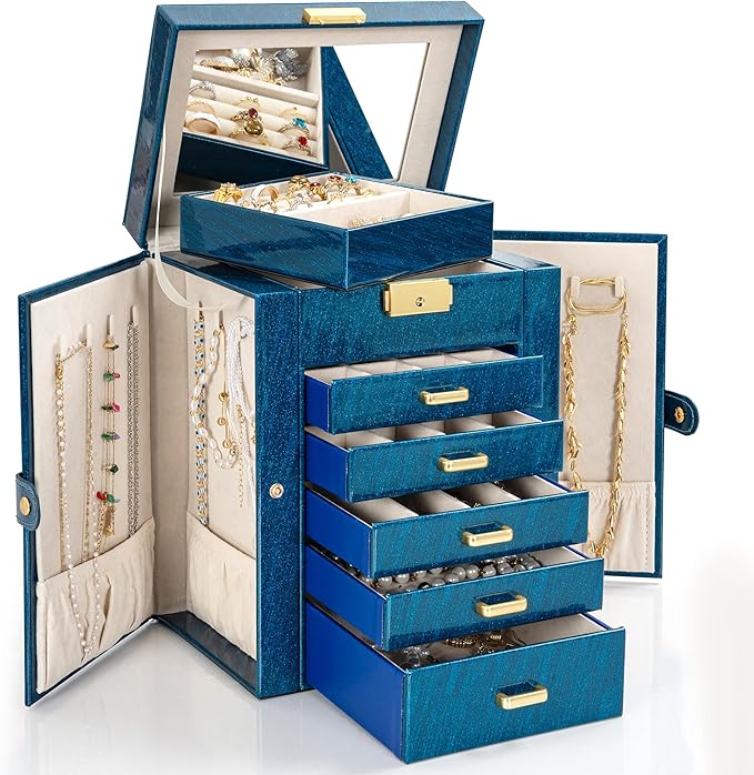 AKOZLIN 6-Tier Jewelry Box Lockable Leather Jewelry Storage Case with 5 Drawers for Women Girls Ring Necklace Earring Bracelet Holder Organizer with Mirror Blue