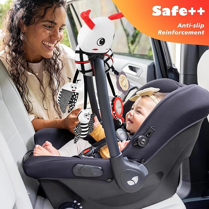 Car Seat Toys for Babies, 0-6 Months Stroller Activity Black White Baby Spiral Plush Toys Newborn High Contrast Sensory Carseat Toys with 4 Pendants Hanging Boys Girls Gift