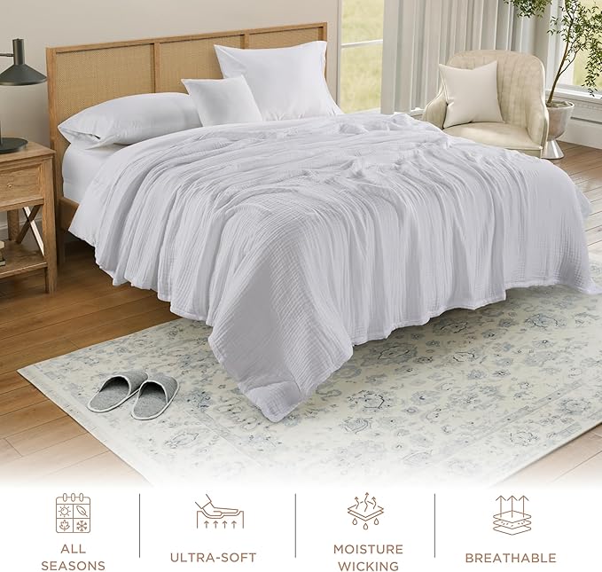 Threadmill Muslin Twin Blanket | Soft, Breathable and Lightweight Summer Blanket | 4-Layer Gauze for Kids and Adults | Twin Size | White
