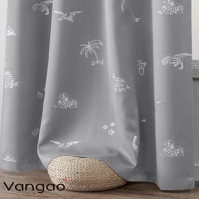 Vangao Grey Blackout Curtains Dinosaur Curtains for Boys Kids Nursery Girls Room Silver Dino Foil Print Thermal Insulated Grommet Top Window Drapes 63 Inches Length 2 Panels