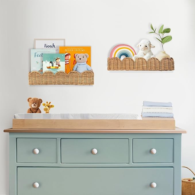 Nursery Book Shelves Set of 2 - Artisanal Natural Rattan Scalloped Book Shelf for Kids Rooms 15.8" W, Cute Wicker Nursery Bookshelf Wall Mounted, Handwoven Floating Kids Bookshelf, Baby Boho Decor