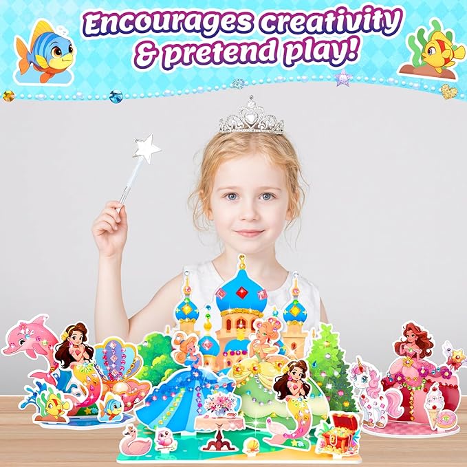 Stickers for Kids, Gem Stickers Kit, Travel Toys for Girls, 600+Sticker, DIY Scrapbooking Activity, 5 Princess Theme Diamond Art Kits for Kids Christmas Birthday Gifts for Girls Ages 3, 4, 5, 6, 7, 8