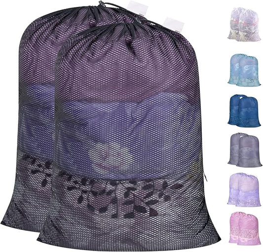 Polecasa Heavy Duty Large Mesh Laundry Bags with ID Tag and Locking Drawstring Closure - 2 Pack, 24 x 36 inches - Laundry Hamper Liner, Washable Laundry Bag for Travel, Sports, Dorms (Black)