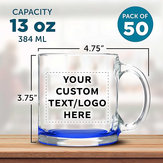 Custom Libbey Clear Glass Coffee Mugs 13 oz. Set of 50, Personalized Bulk Pack - Perfect for Coffee, Tea, Espresso, Hot Cocoa, Other Beverages - Blue Bottom