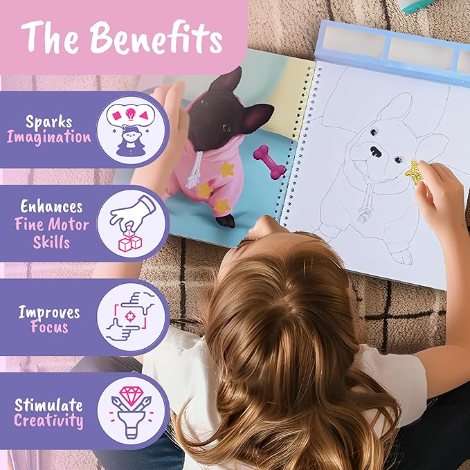 BSCOOL Dog in Style – Design Your Pet Fashion with 25 Coloring Pages, 3 Stamps, 50+ Stickers, Washi Tapes and Guides. Discover Unique Outfits for Dogs. Educational. Travel Friendly for Ages 5 and up.