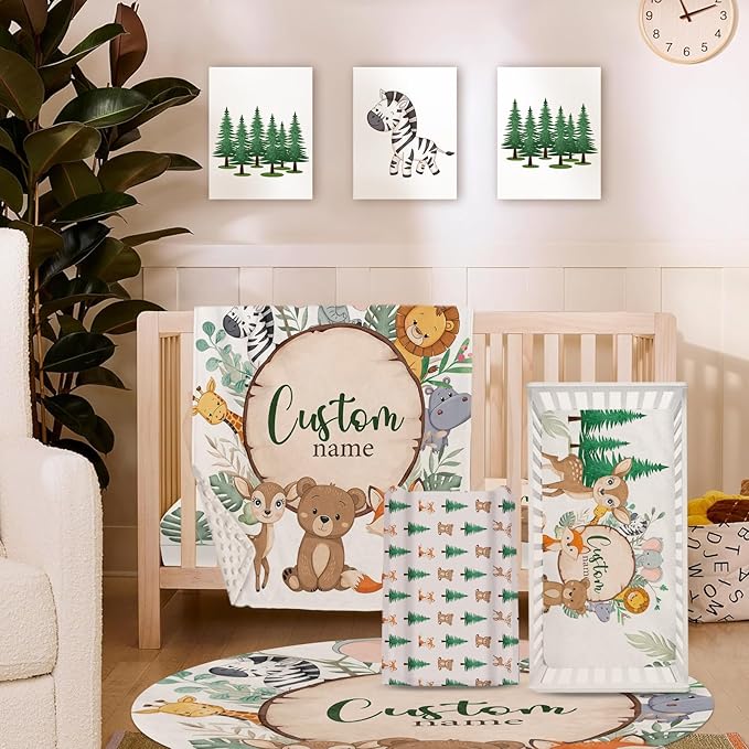 Personalized Nursery Crib Bedding Set: Custom Name 5 Piece Baby Crib Sets with Animal Theme - Toddler Double Layer Blanket Set, Comfortable Crib Bed Sheets for Baby Grils