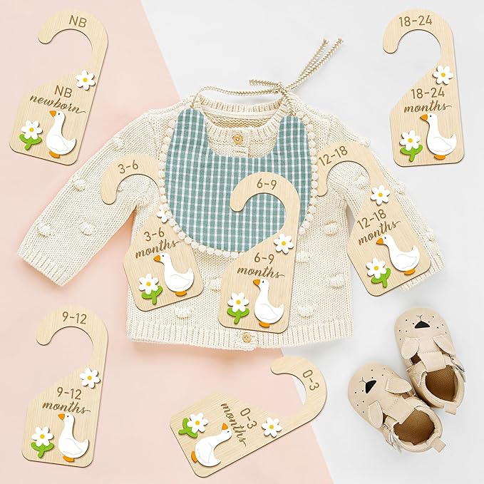 R HORSE Wooden Baby Closet Dividers - 3D White Goose Baby Closet Organizer, 8Pcs Double-Sided Cute Goose Newborn Clothes Size Hanger Dividers, Nursery Decor Birthday Gift for Boy Girl (0-24 Months)