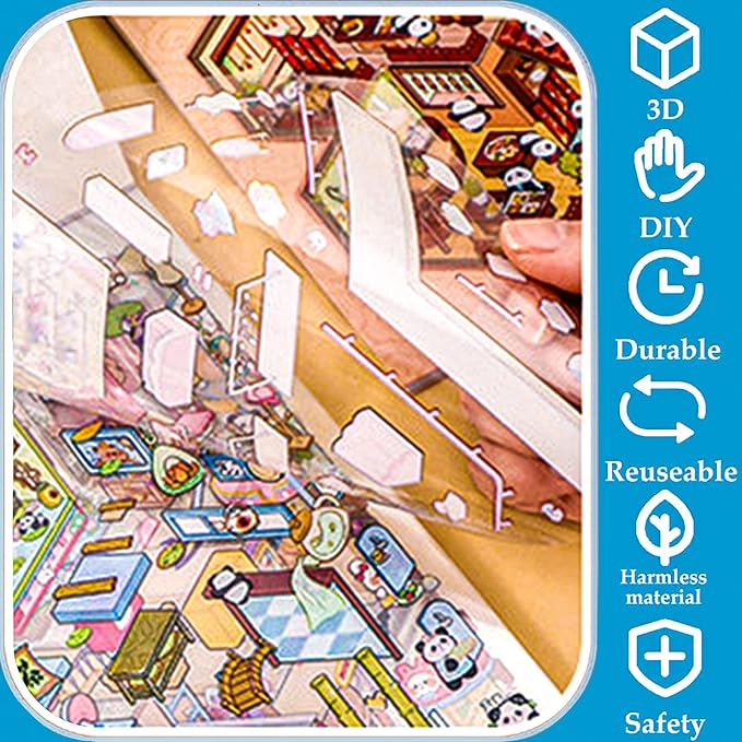 DIY 3D Sticker Scene，8 Sets Pack（600+） Large-Sized, Reusable Sticker Book, Cute Sets for Free Combination, Waterproof for Anywhere, Crafts Party Favors Birthday Gift